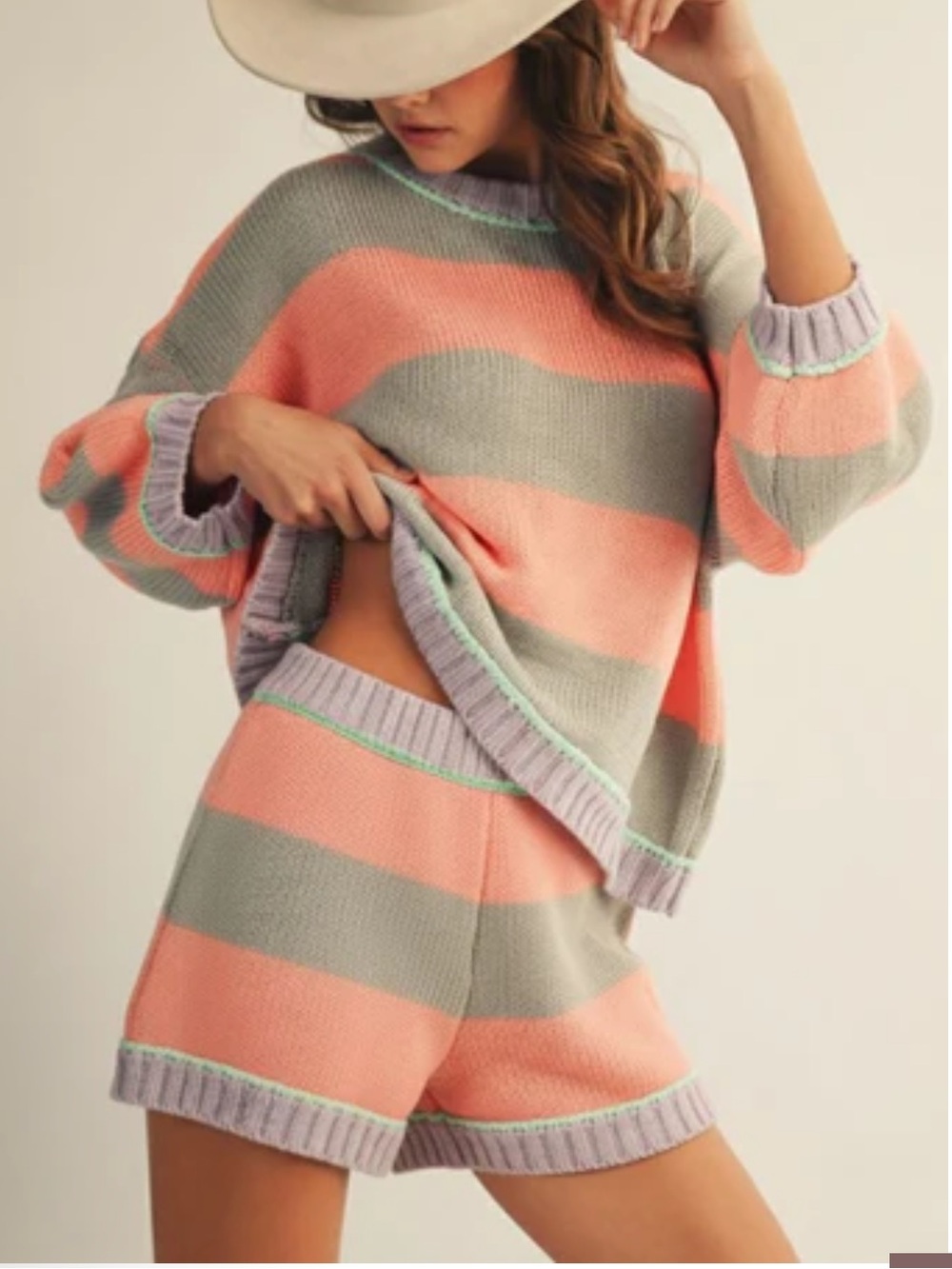 LovLov Ribbed Sunset Stripe Sweater Set in Grey/Pink
